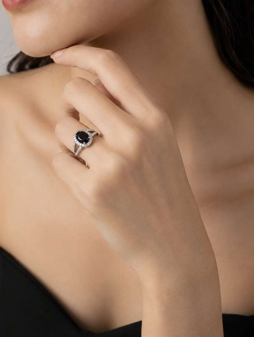 women rhodium plated american diamond with oval center stone & halo openwork pattern ring - 22687553 -  Standard Image - 2