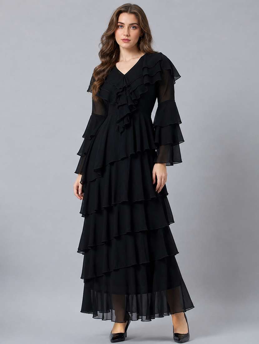 Women Solid Bell Sleeves Layered Dress - 22687995 -  Standard Image - 2