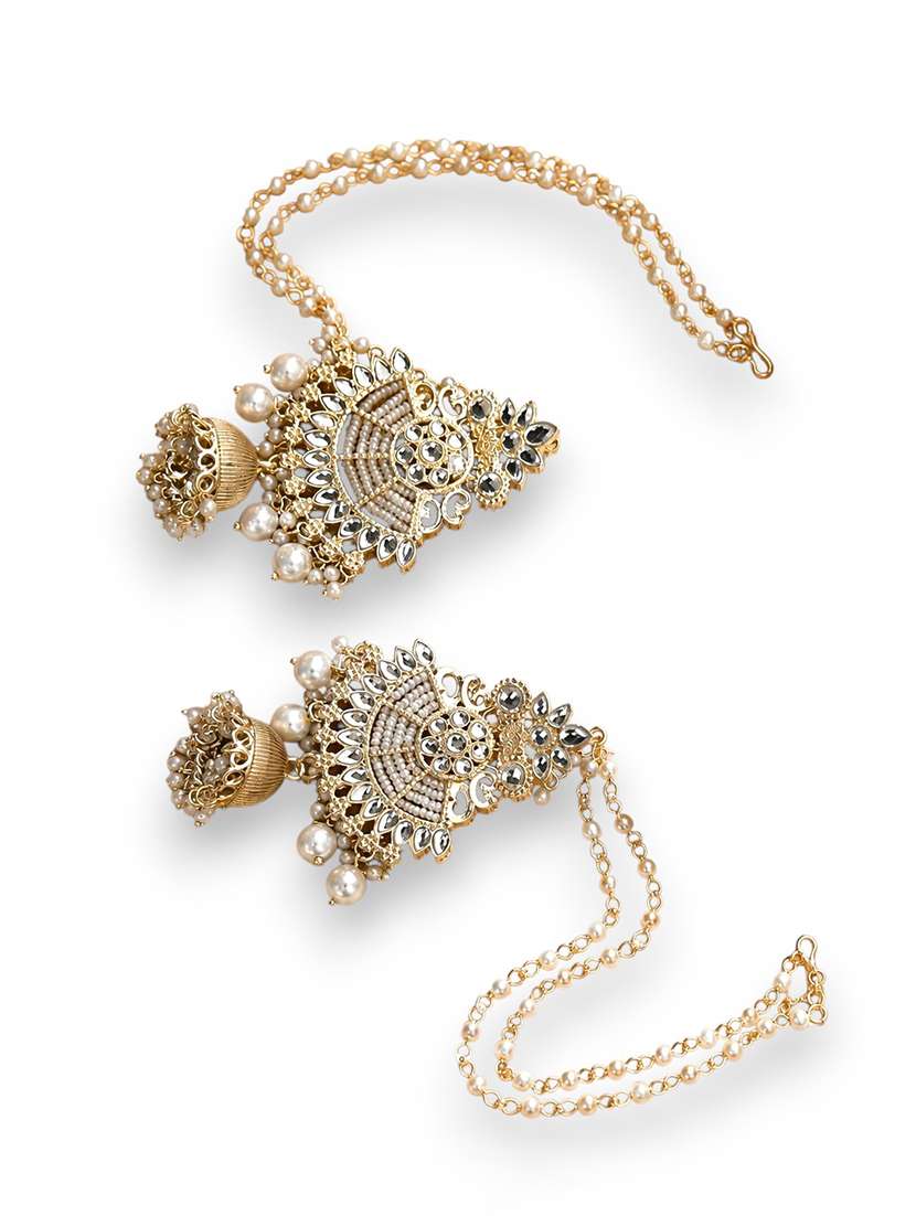 women gold kundan pearl jhumka with chain - 22688029 -  Standard Image - 2