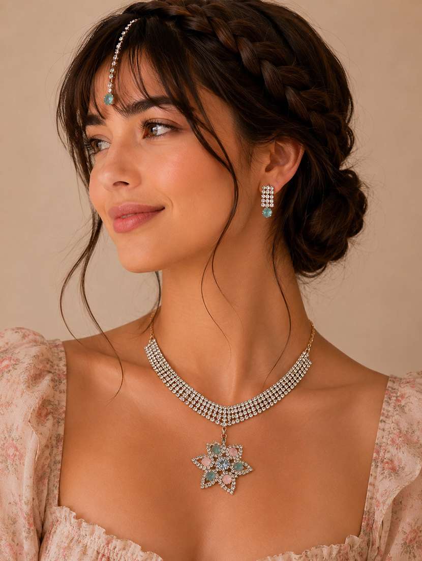 women silver toned jewellery set with earrings and mangtika - 22688034 -  Standard Image - 2