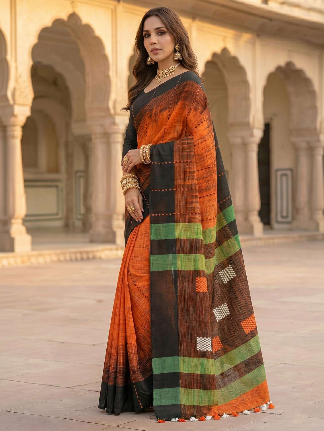 Women Printed Handloom Saree With Blouse - 22688039 -  Standard Image - 2