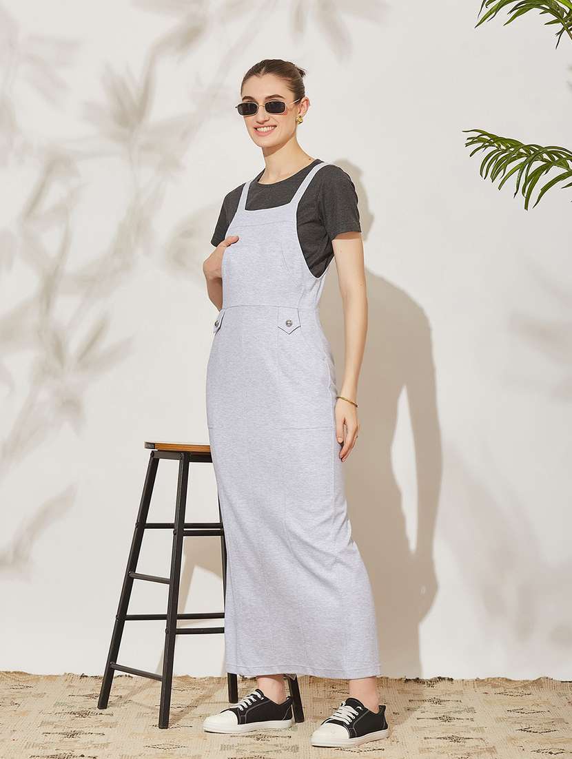 women solid sleeveless dungaree dress