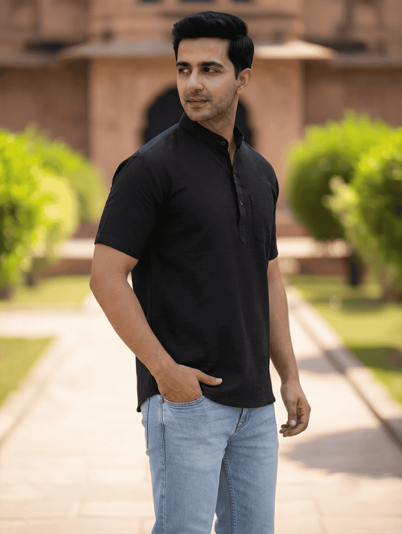 men solid mandarin neck short kurta