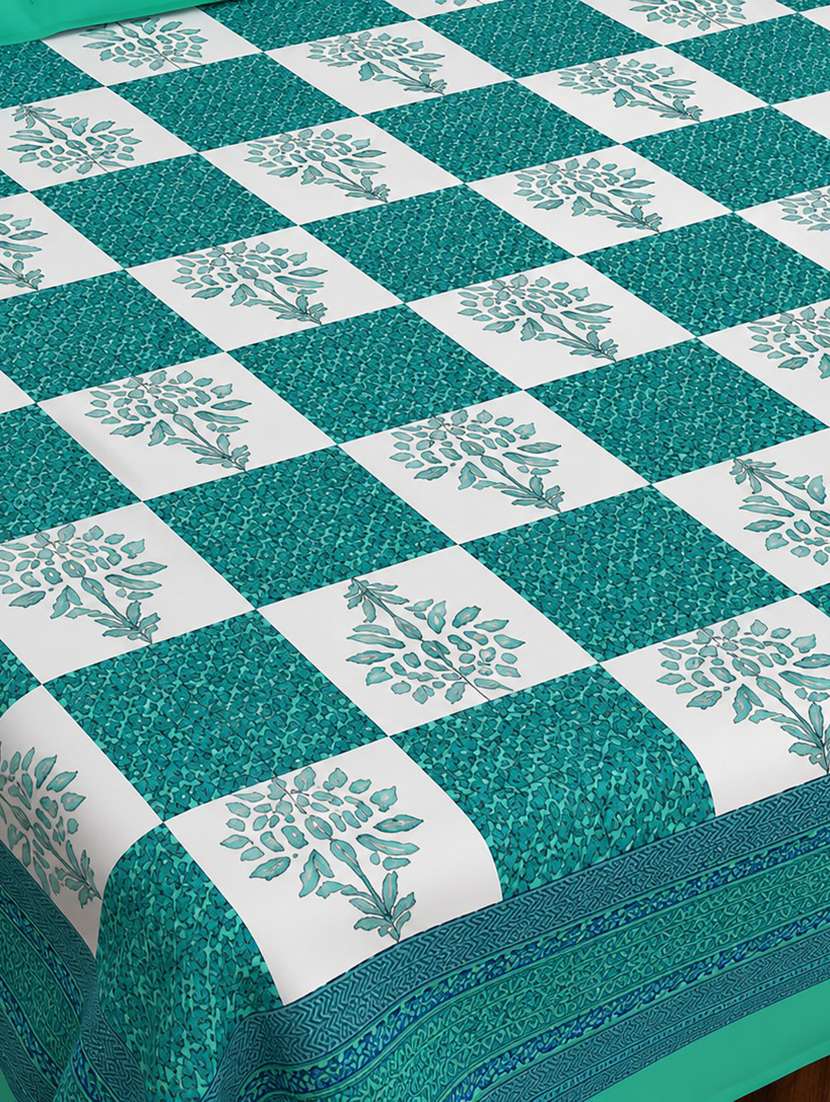 Timeless Trends Sea Green 144 Tc Checks & Tree Printed Double Bedsheet With 2 Pillow Covers - 22688841 -  Standard Image - 2