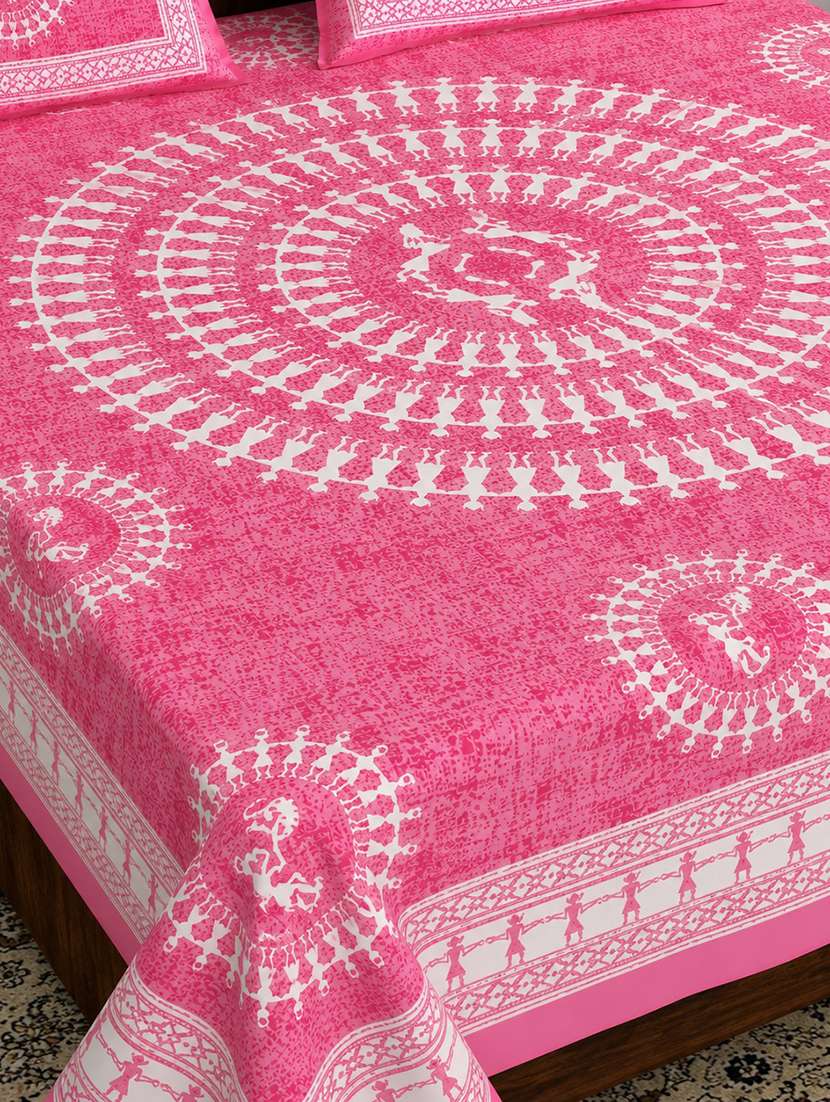 Timeless Trends Pink 144 Tc Tribal Human Print Double Bedsheet With 2 Pillow Covers - 22688850 -  Standard Image - 2