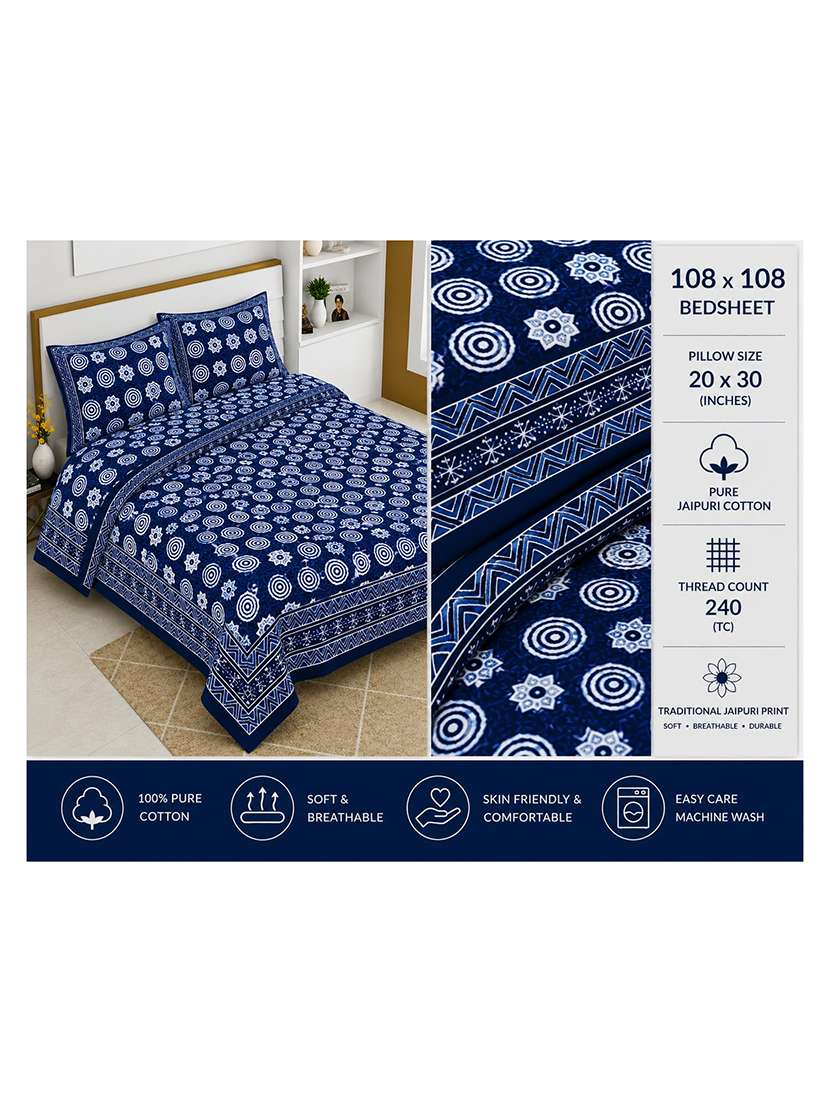 Pure Jaipuri Cotton Double Bed King Size Bedsheet With 2 Pillow Covers (108 X 108 Inches, Blue) | Traditional Mandala Cfn01 - 22688862 -  Standard Image - 2