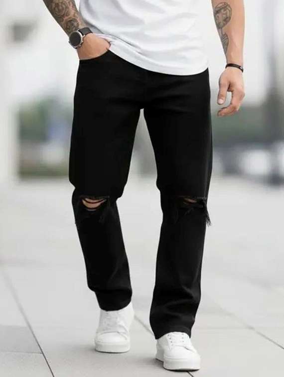 men solid slashed knee mid rise straight jeans