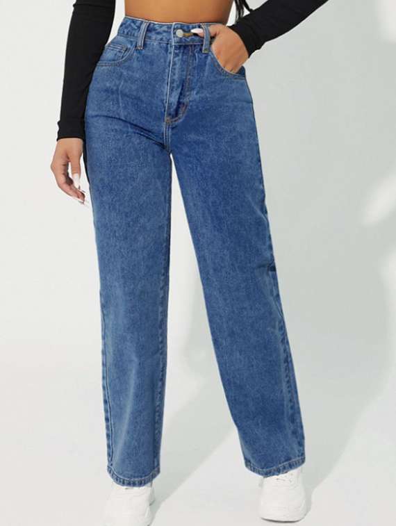 women solid mid rise straight jeans