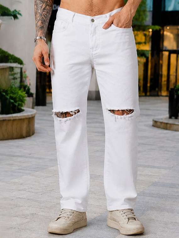 men slash knee mid rise full length straight jeans