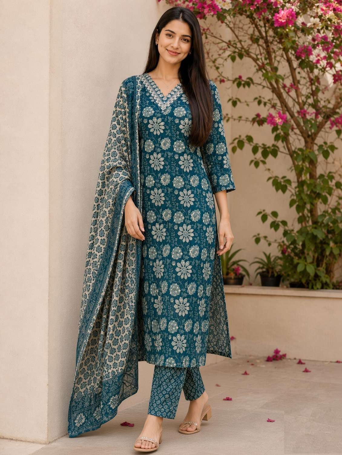 women printed three quarter sleeves kurta pant set with dupatta