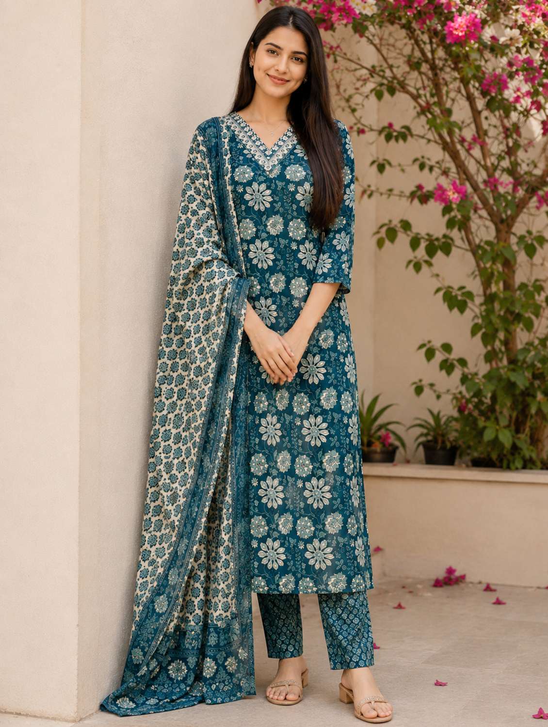 Women Printed Three Quarter Sleeves Kurta Pant Set With Dupatta - 22691006 -  Standard Image - 2