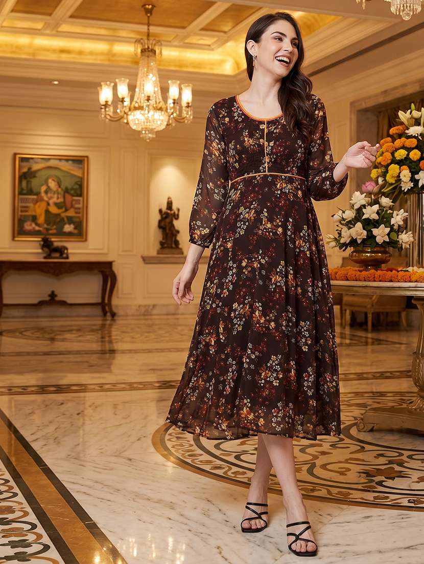 women printed three quarter sleeves fit and flare dress