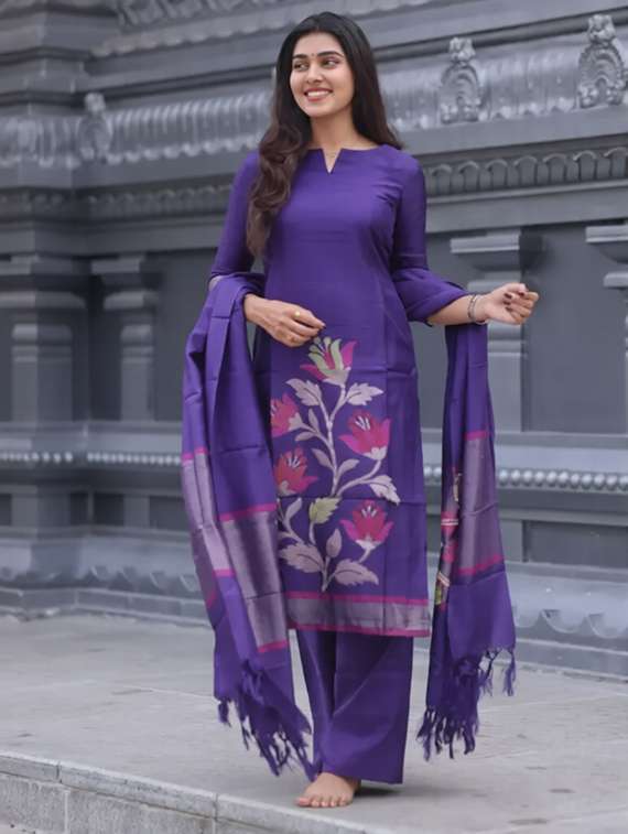 Women Self Design Three Quarter Sleeves Kurta Pant Set With Dupatta - 22692379 -  Standard Image - 2
