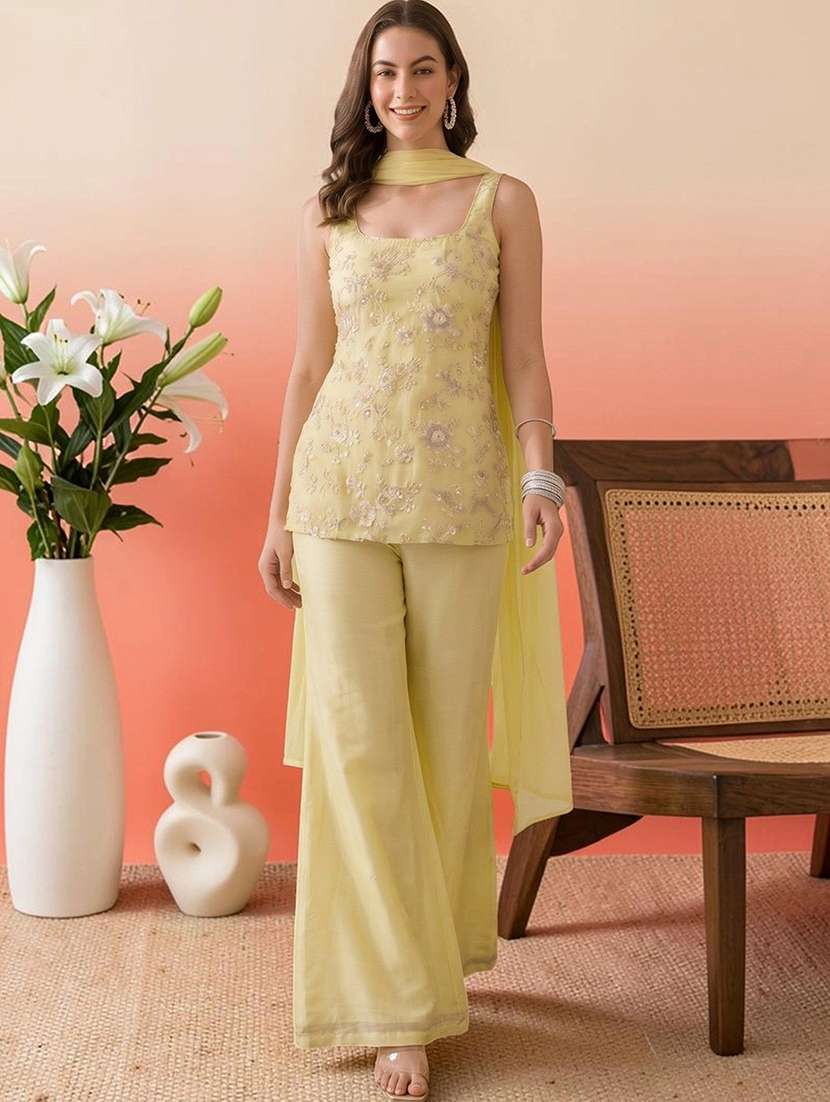 women embroidered sleeveless kurta palazzo set with dupatta