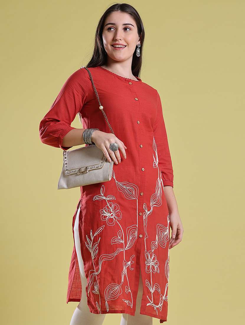 women embroidered three quarter sleeves straight kurta