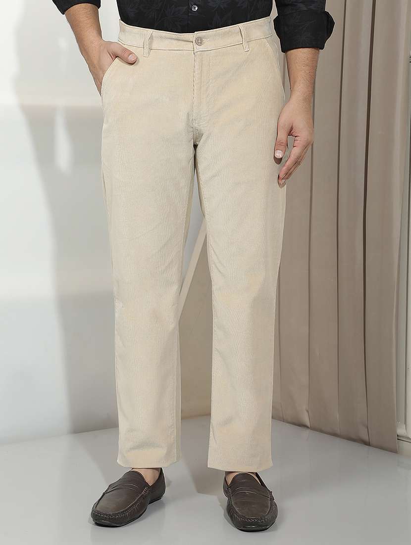 men solid mid rise casual trouser