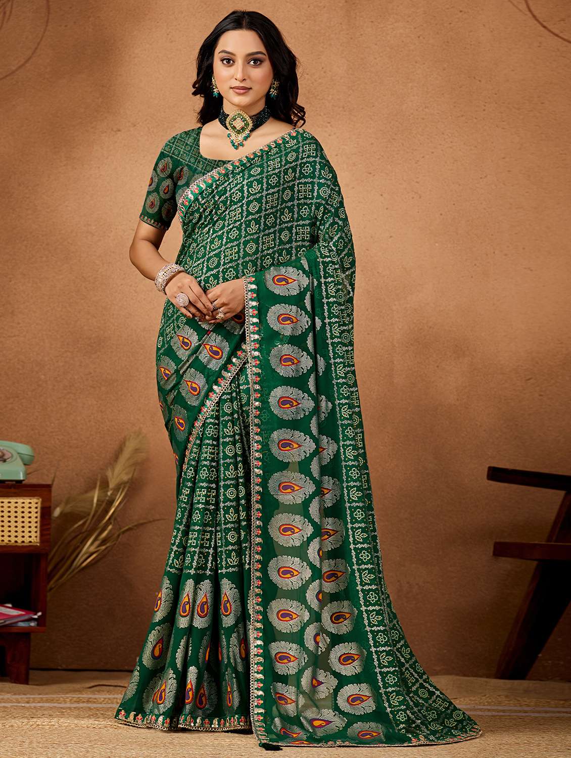 women bandhani printed saree with blouse