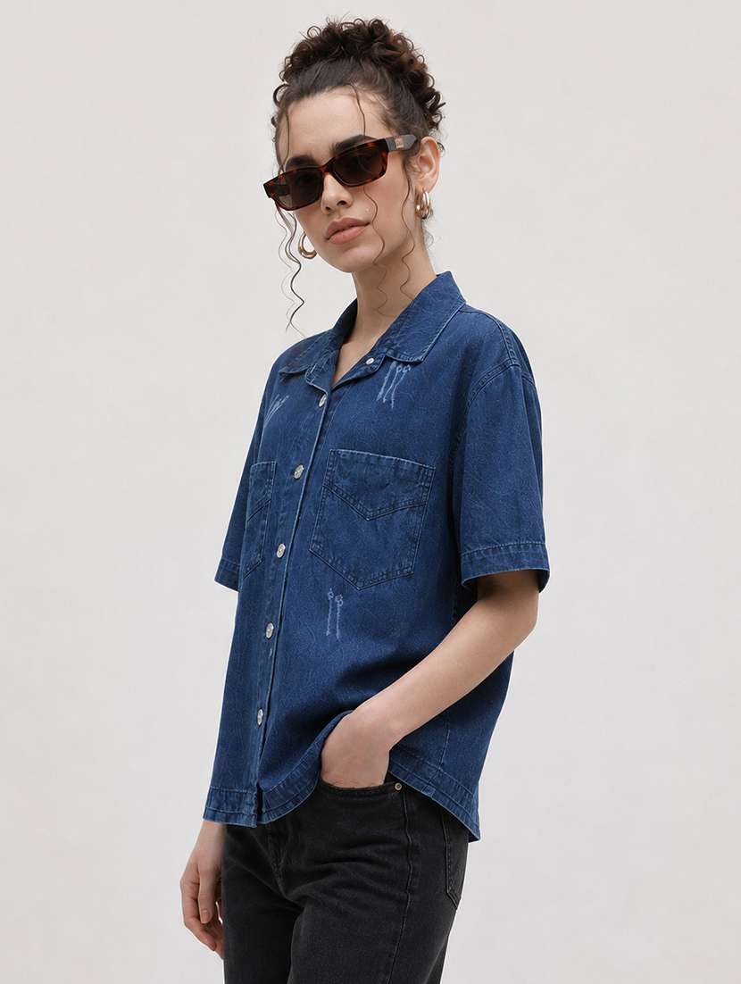 Women Solid Short Sleeve Refular Fit Shirt - 22696514 -  Standard Image - 2