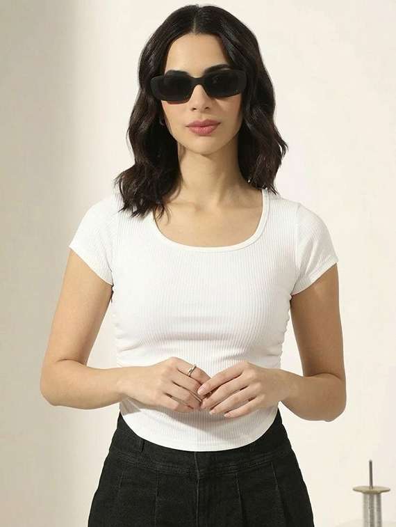 women solid short sleeves crop top