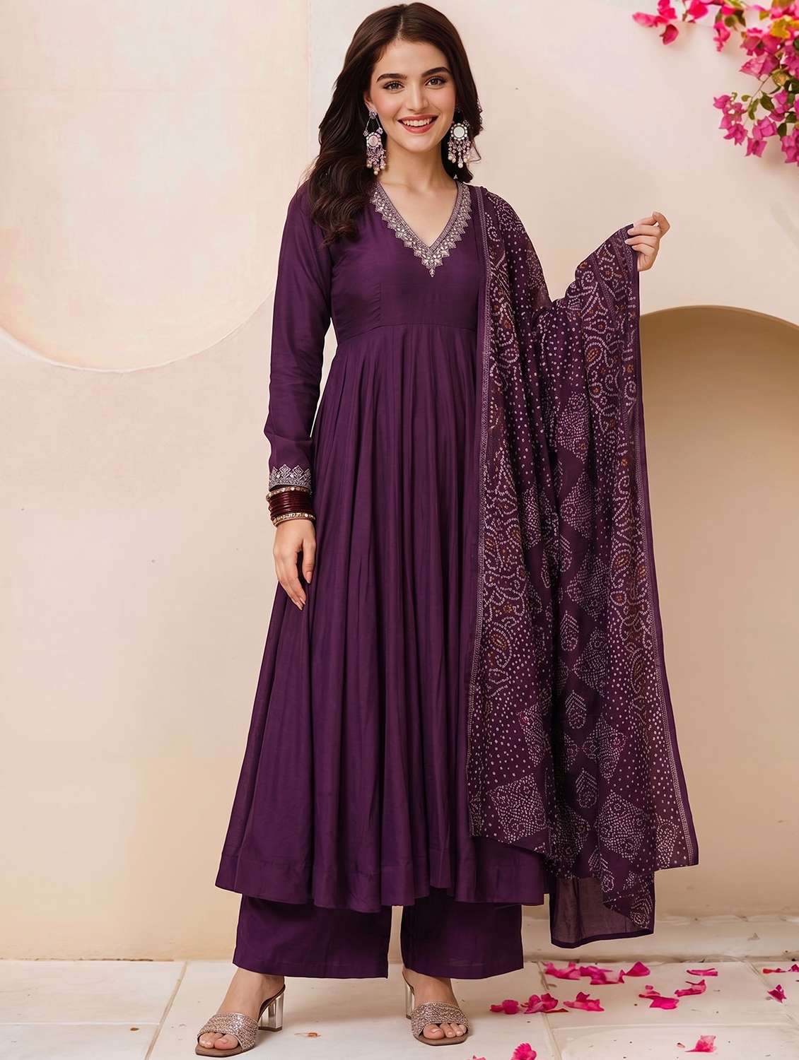 women embroidered long sleeves kurta pant set with dupatta