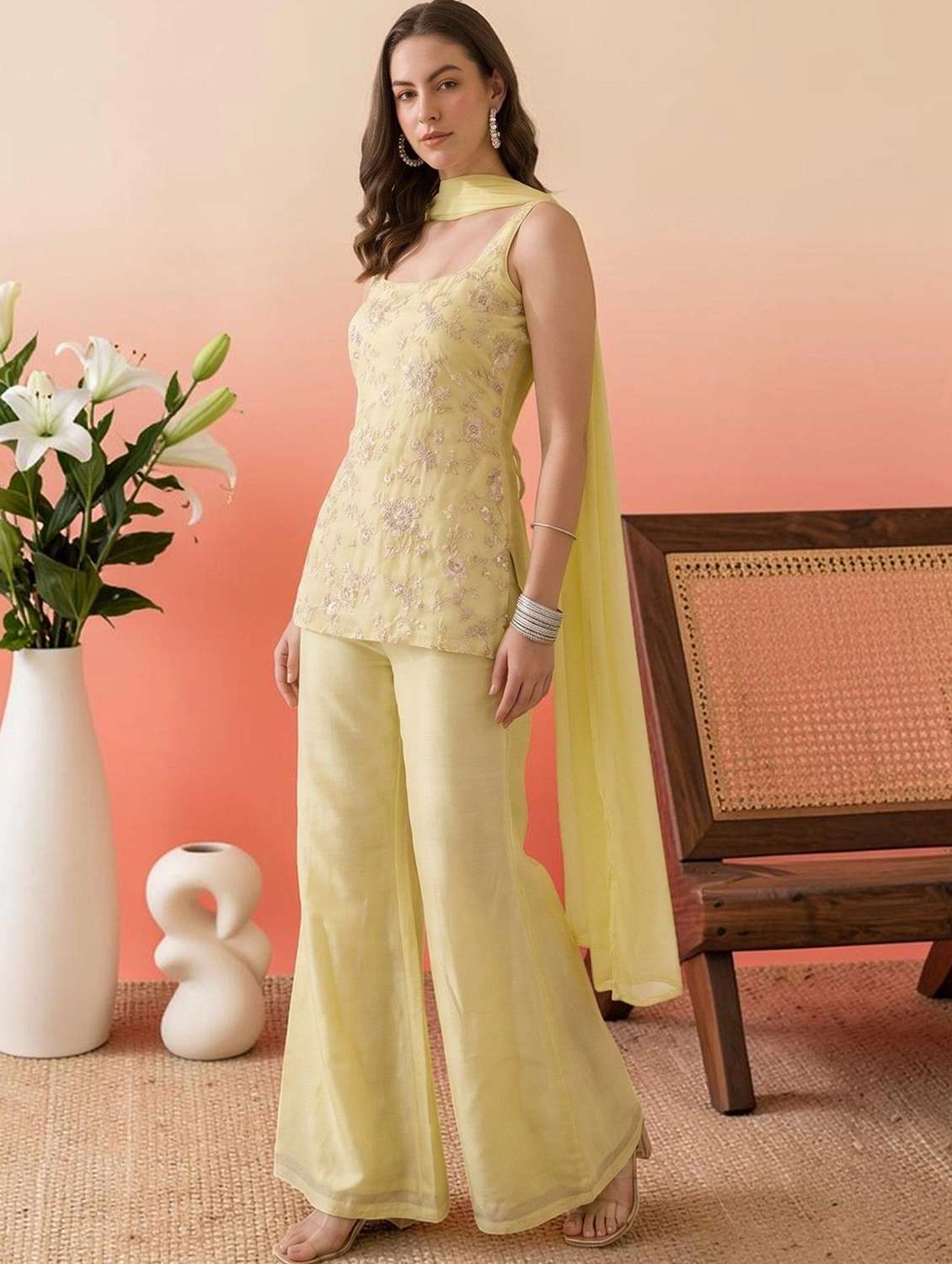 Women Embroidered Sleeveless Kurta Palazzo Set With Dupatta - 22696784 -  Standard Image - 2
