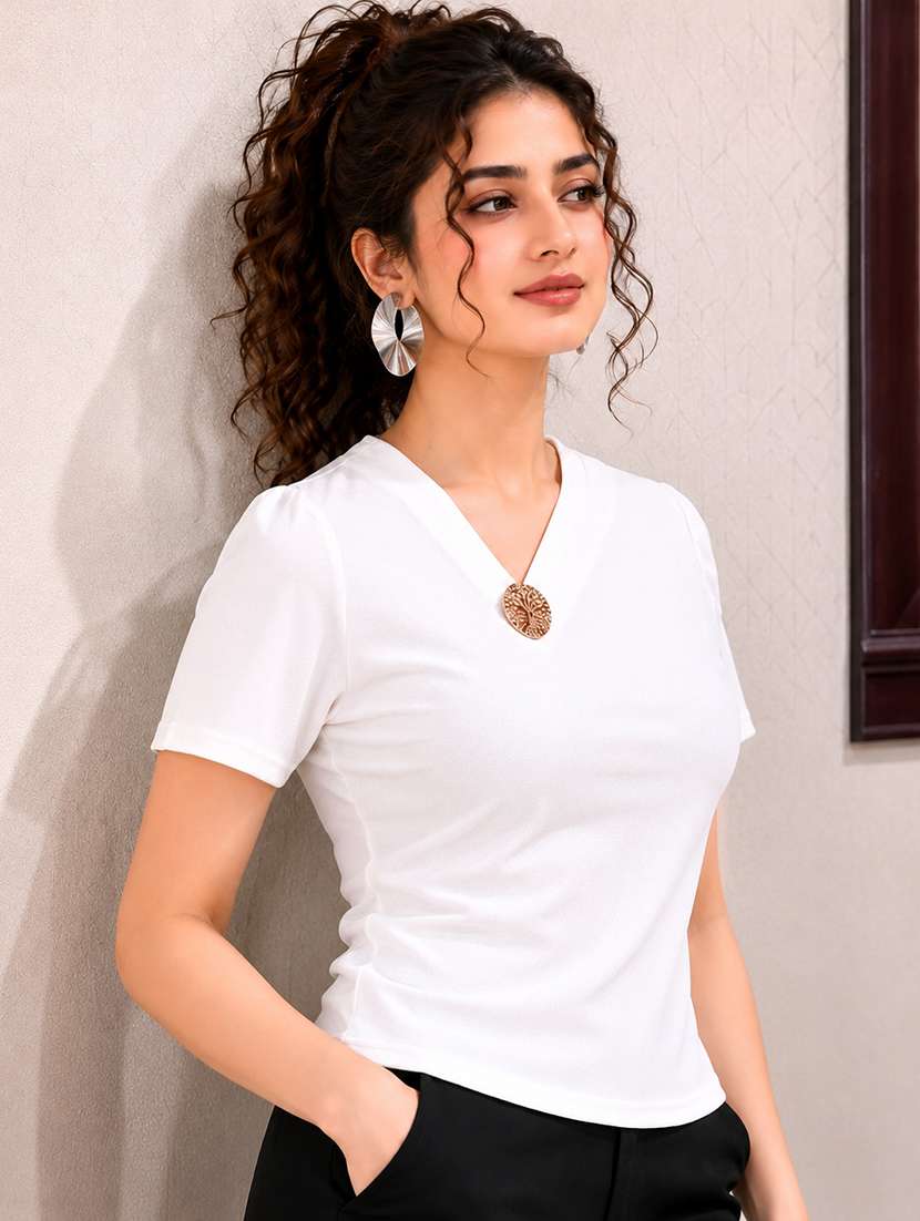 Women Solid Short Sleeves Regular Top - 22696960 -  Standard Image - 2