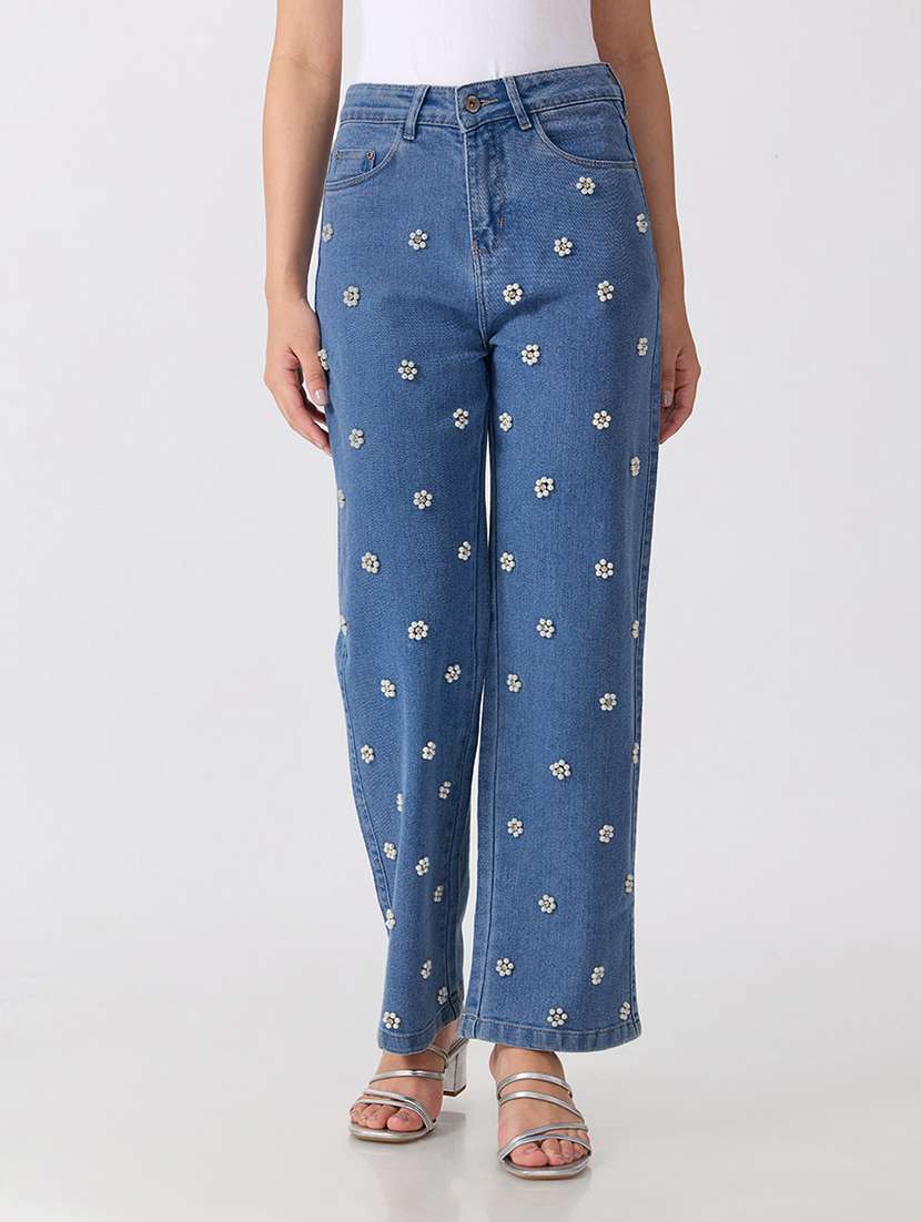 men embellished high rise straight jeans