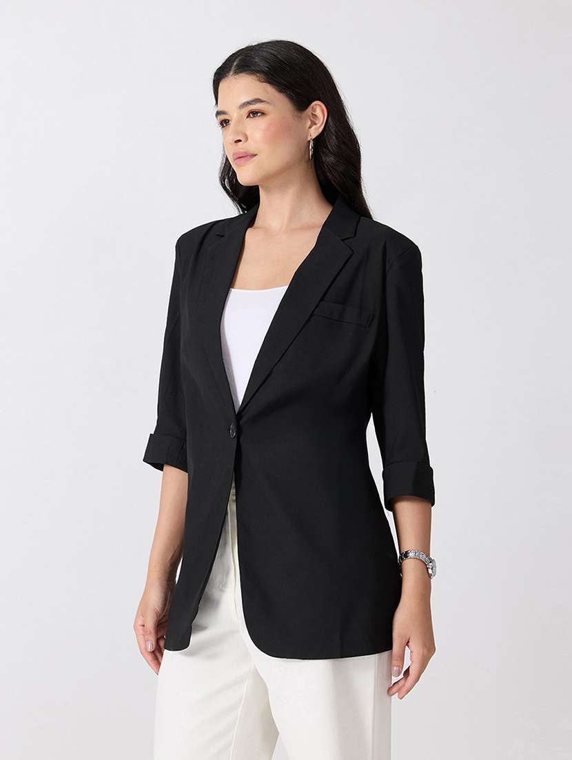 Women Solid Three Quarter Sleeves Single Breasted Blazer - 22697074 -  Standard Image - 2
