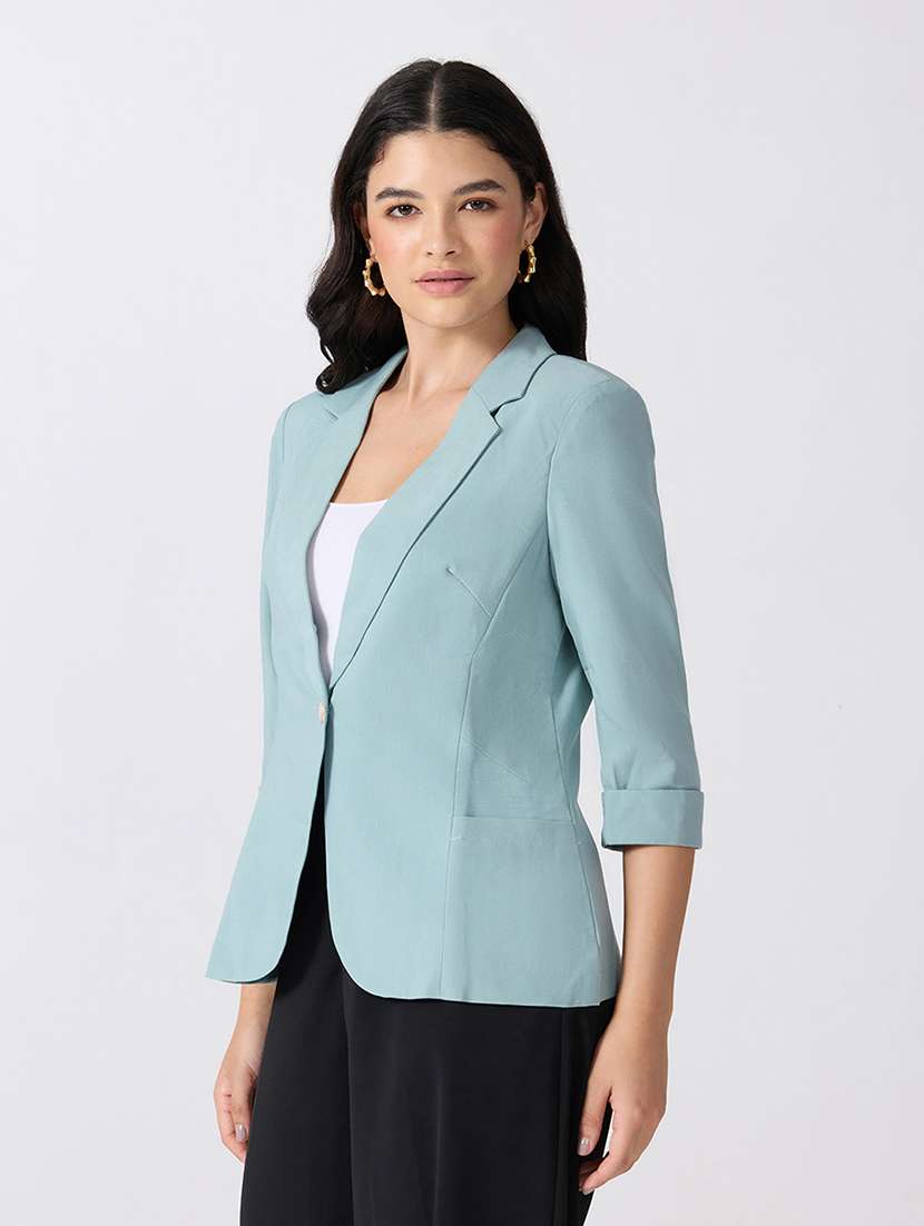 Women Solid Three Quarter Sleeves Single Breasted Blazer - 22697075 -  Standard Image - 2