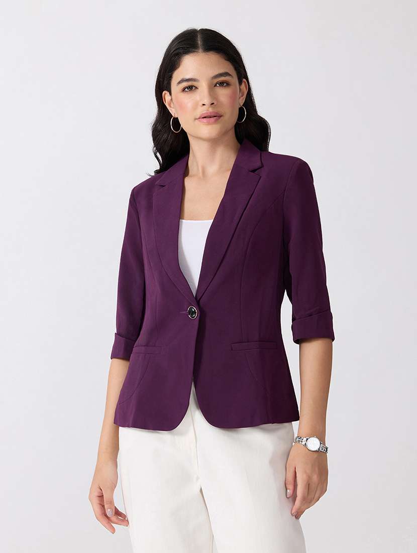 Women Solid Three Quarter Sleeves Single Breasted Blazer - 22697076 -  Standard Image - 2