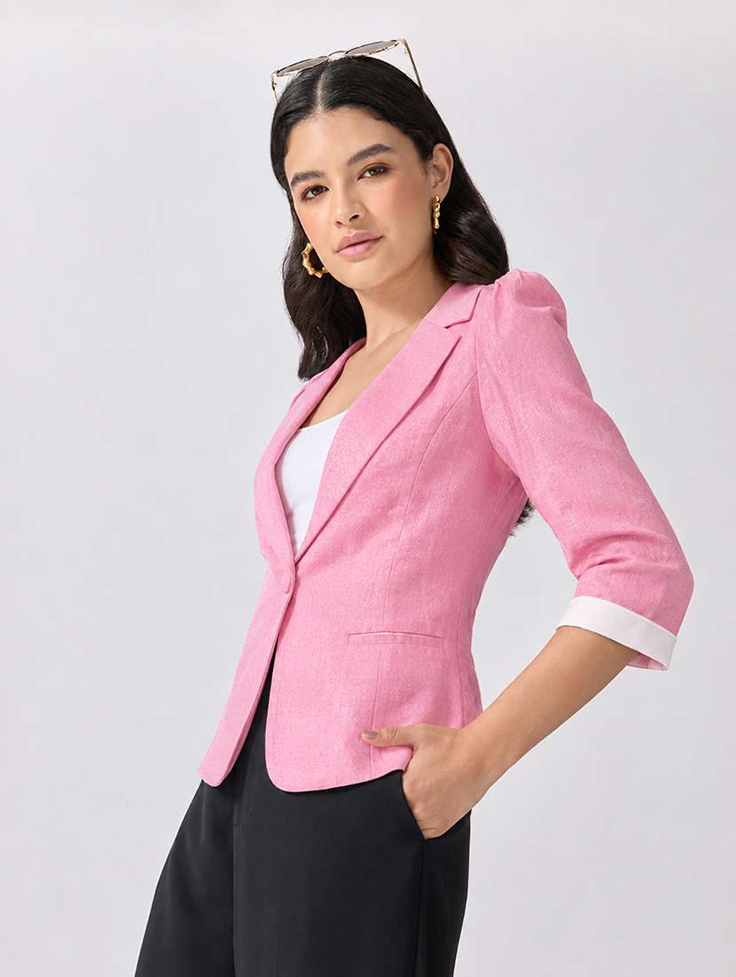 Women Solid Three Quarter Sleeves Single Breasted Blazer - 22697080 -  Standard Image - 2