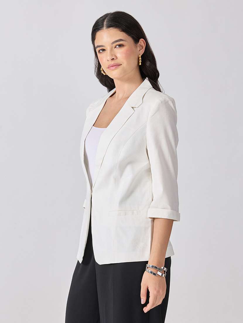 Women Solid Three Quarter Sleeves Single Breasted Blazer - 22697081 -  Standard Image - 2