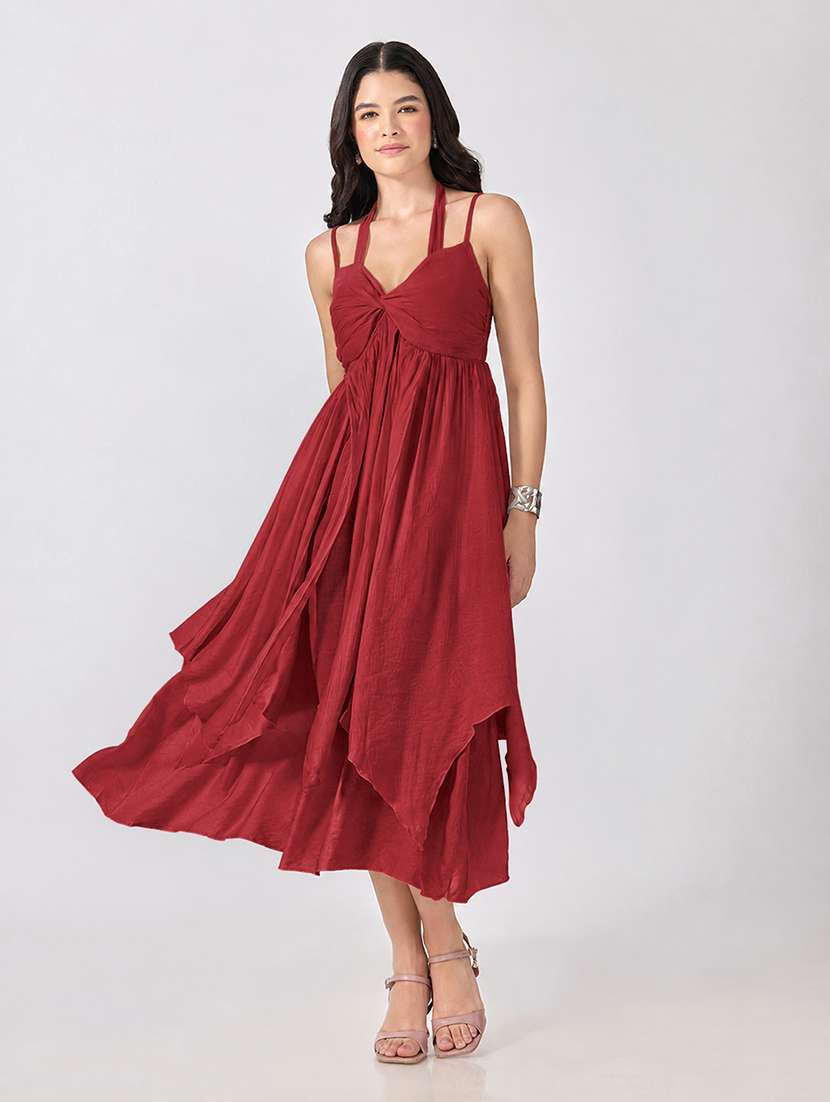 women solid shoulder strap fit and flare dress