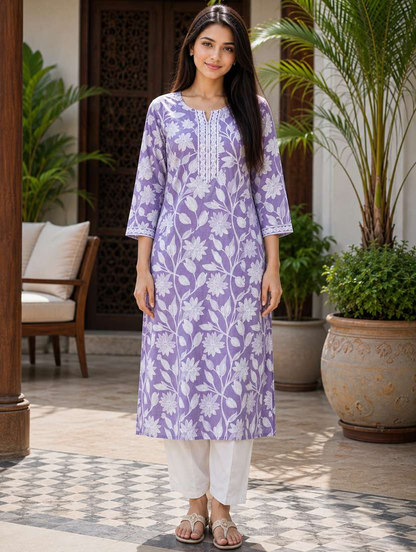 women printed three quarter sleeves straight kurta