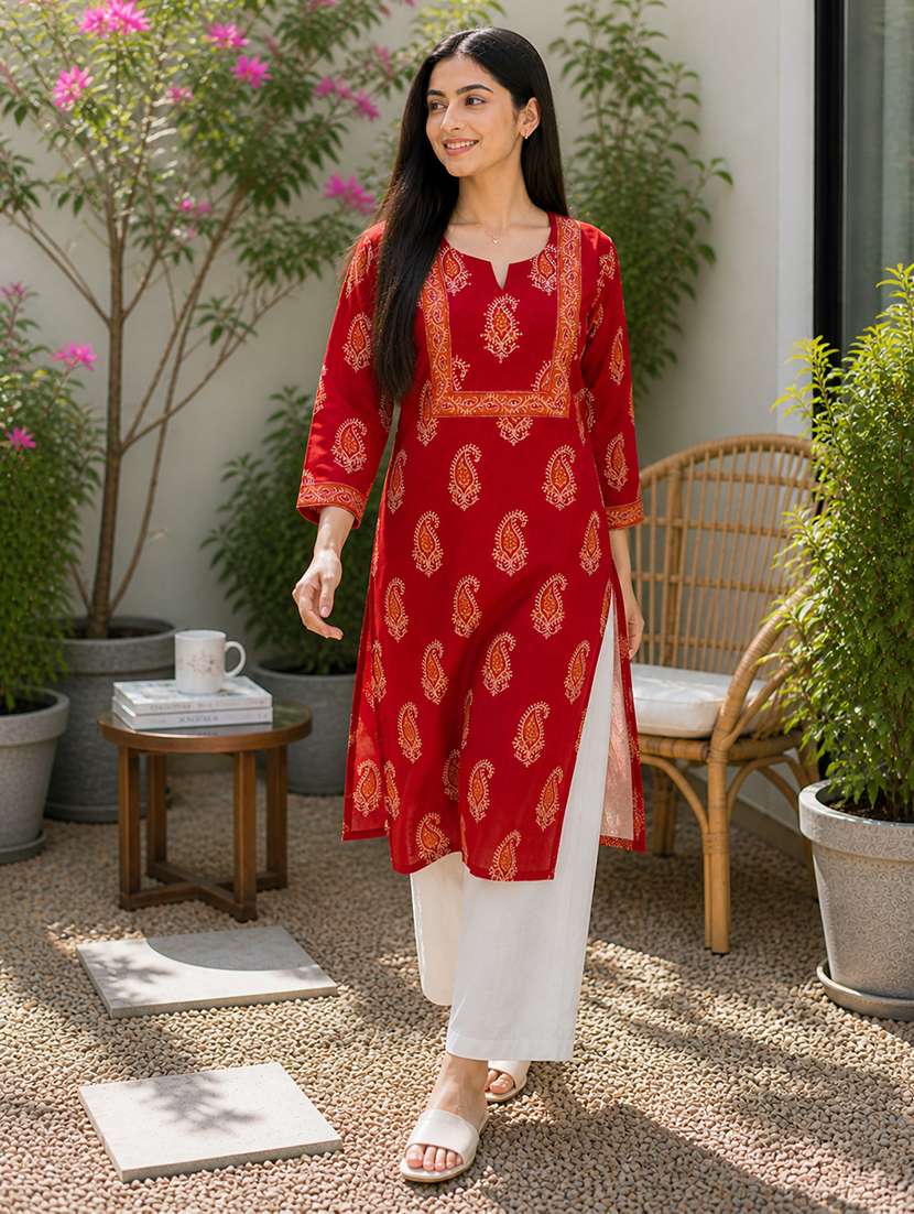 Women Printed Three Quarter Sleeves Straight Kurta - 22697210 -  Standard Image - 2