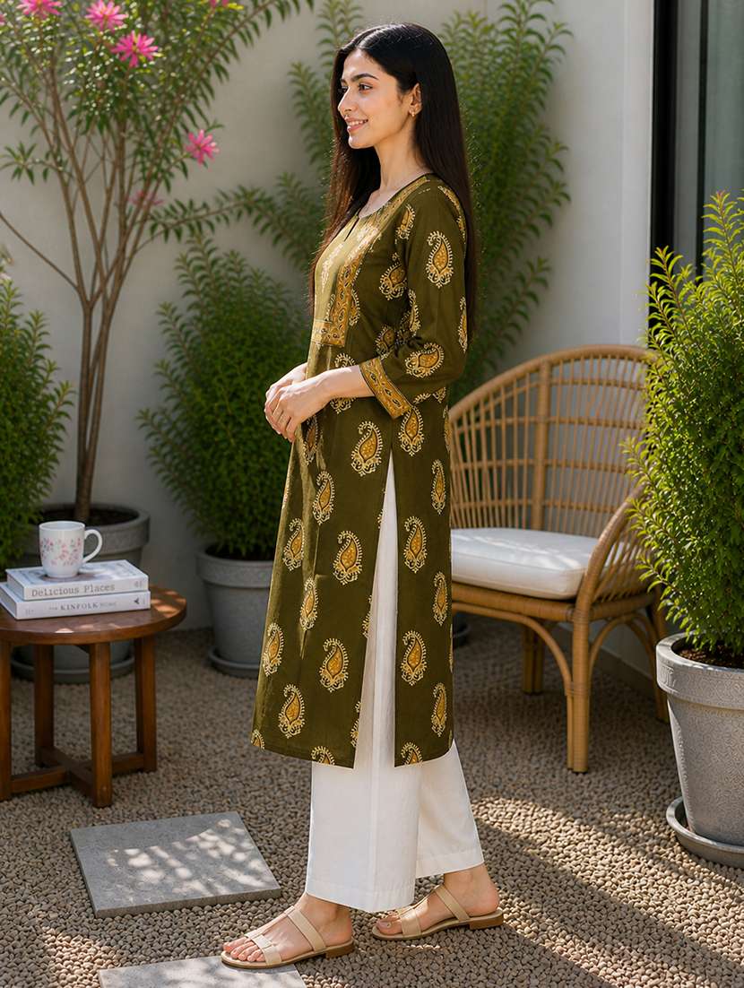 Women Printed Three Quarter Sleeves Straight Kurta - 22697211 -  Standard Image - 2
