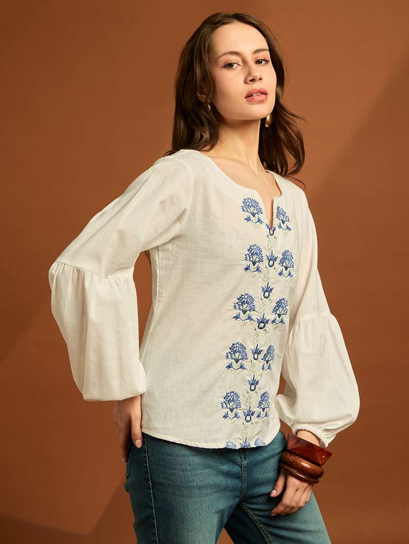 Women Embroidered Bishop Sleeves Regular Top - 22697891 -  Standard Image - 2