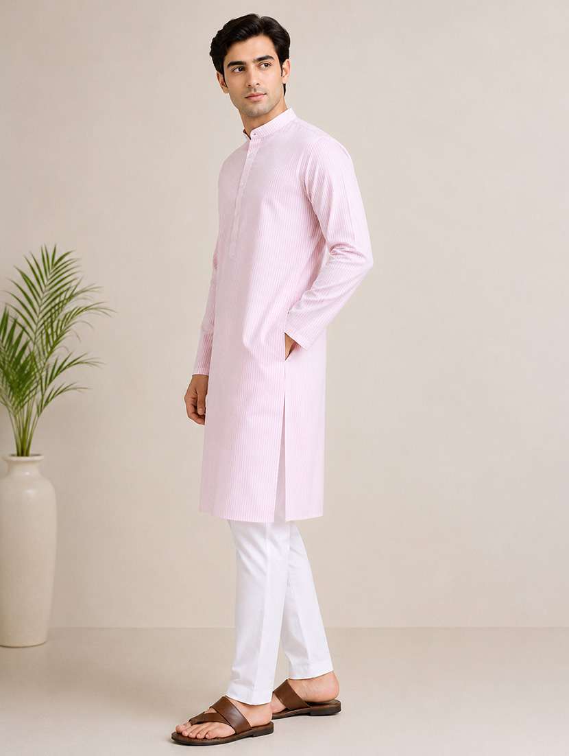 Men Striped Mandarin Neck Long Kurta - 22698008 -  Standard Image - 2