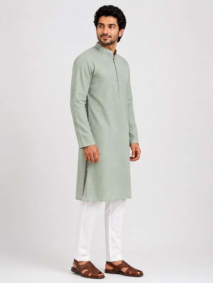 Men Striped Mandarin Neck Long Kurta - 22698010 -  Standard Image - 2