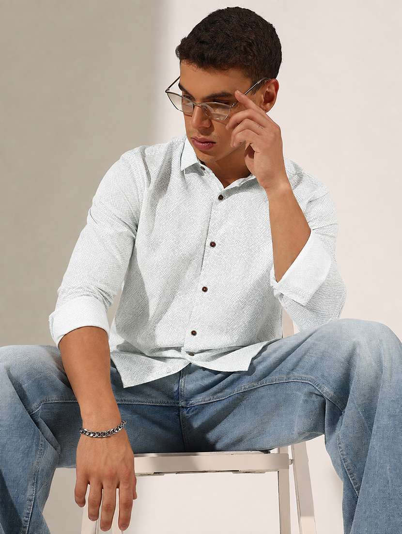 men printed long sleeve slim fit casual shirt