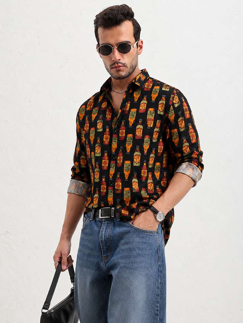 men printed long sleeve slim fit casual shirt