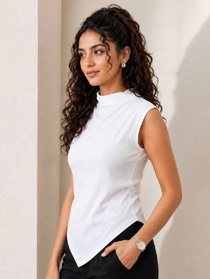 Women Solid Sleeveless Asymmetric Top - 22699326 -  Standard Image - 2