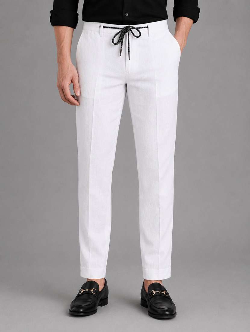 men solid mid rise flat front casual trouser