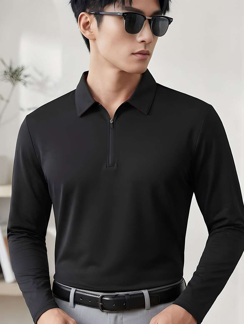 Men Solid Long Sleeve Regular Fit Polo T-shirt - 22700463 -  Standard Image - 2