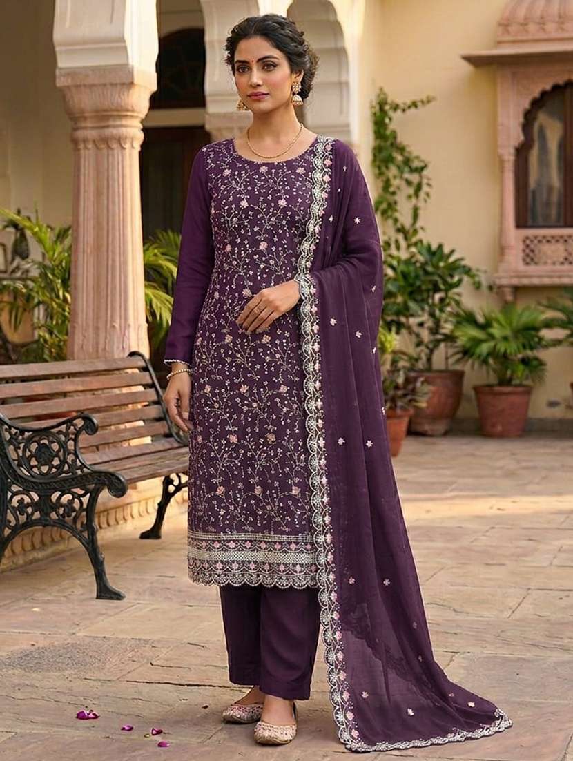 women solid with work unstitched suit set
