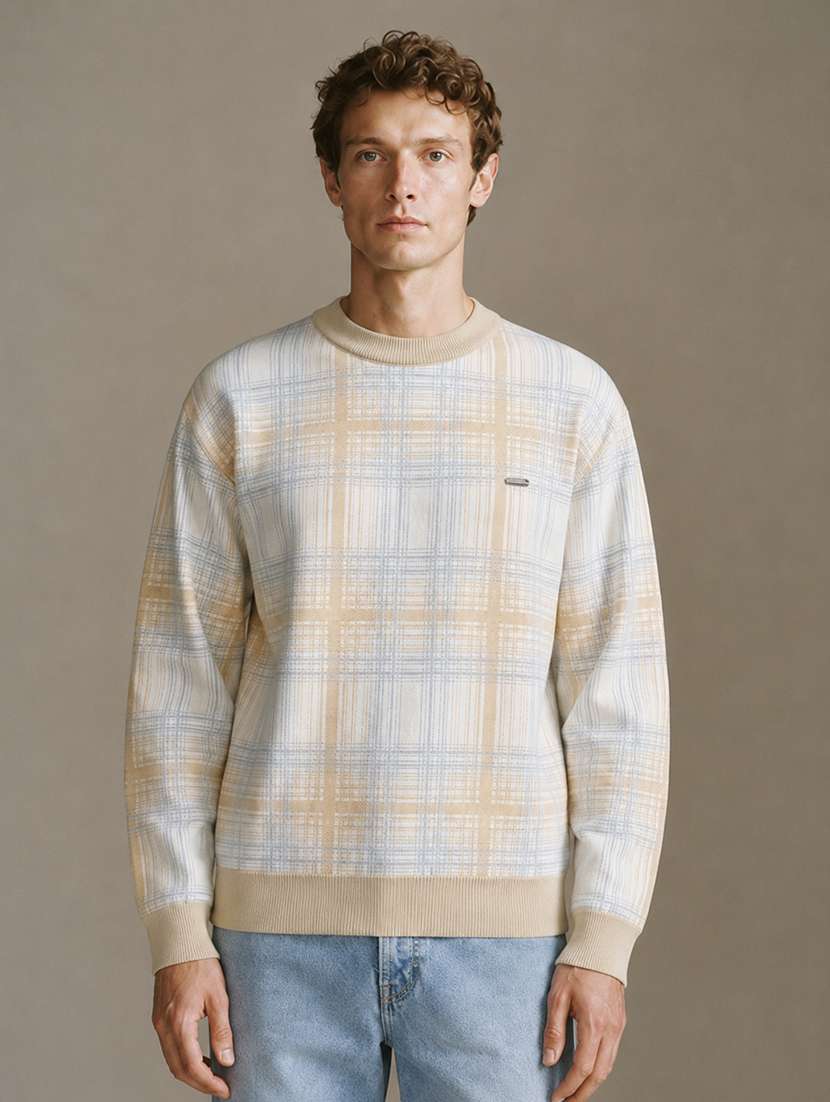 men checkered long sleeve regular fit pullover