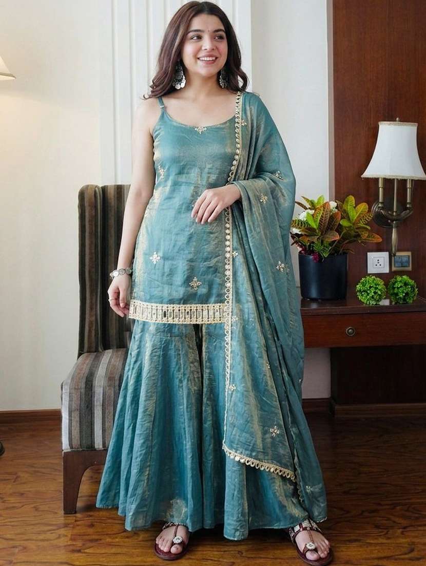 women embroidered sleeveless kurta sharara set with dupatta
