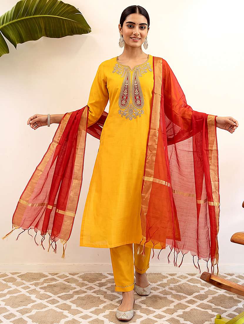 Women Embroidered Three Quarter Sleeve Kurta Pant With Dupatta Set - 22702447 -  Standard Image - 2