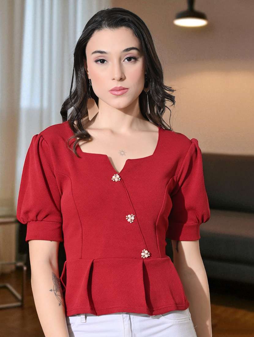 women embellished puff sleeves regular top
