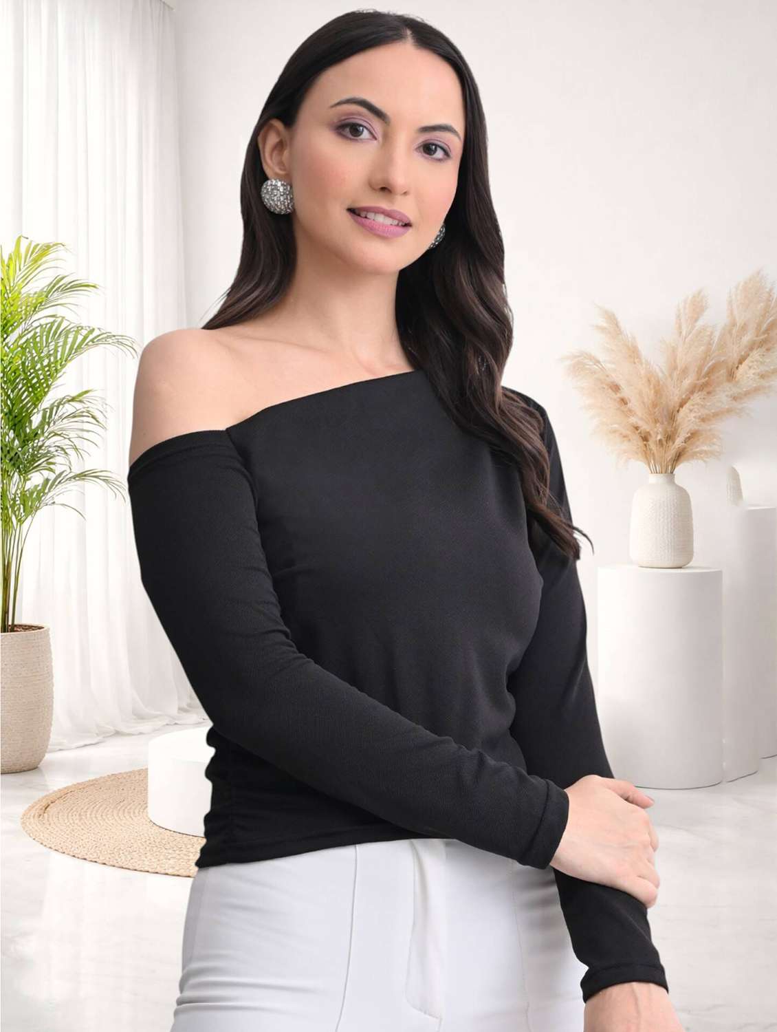 Women Solid Asymmetric Neck Regular Top - 22702839 -  Standard Image - 2